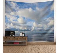 Tolldek Tapisserie murale bleue et blanche 300 x 256 cm, paysage naturel, plage, mer, nuage, ciel, serviette murale accessoires pour chambre à coucher, salon, chambre d'enfant