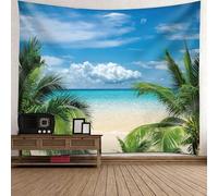 Tolldek Tapisserie murale, ciel en coco, jungle, mer, paysage, paysage naturel, polyester, décoration de maison, pour nappe, chambre à coucher, bleu vert, 150 x 130 cm