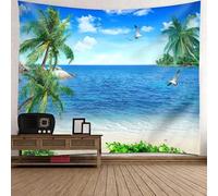 Tolldek Tapisserie murale en polyester naturel avec motif d'oiseaux de noix de coco et paysage de plage pour décoration de salon, bleu vert, 150 x 130 cm