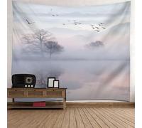 Tolldek Tapisserie murale gris blanc 200 x 200 cm, paysage nature lac arbre oiseau tapisseries pour chambre à coucher