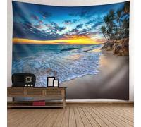 Tolldek Tapisserie murale, gris, bleu, jaune, 150 x 130 cm, motif paysage naturel, cocotier, plage, décoration murale pour nappe, salon, chambre à coucher