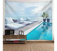 Tolldek Tapisserie murale gris, bleu, vert, 200 x 200 cm, paysage naturel, tenture murale, mer, piscine, chaise longue, tapisserie, pour nappe, salon, chambre à coucher