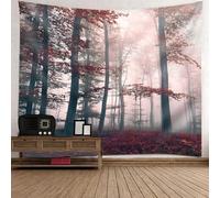 Tolldek Tapisserie murale gris rouge 300 x 256 cm, paysage naturel arbre forêt serviette murale pour nappe de salon, chambre à coucher décor