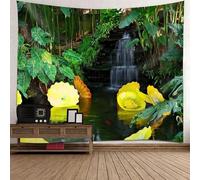Tolldek Tapisserie murale jaune et vert - 200 x 200 cm - Paysage naturel - Motif feuilles et cascade - Décoration murale pour salon, chambre à coucher, dortoir