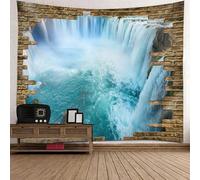 Tolldek Tapisserie murale marron bleu 300 x 256 cm, motif paysage naturel, mur de briques 3D, cascade, tentures murales pour nappe, décoration de chambre à coucher