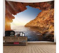 Tolldek Tapisserie murale marron bleu 300 x 256 cm paysage naturel grotte mer serviette murale pour nappe de salon, chambre à coucher décor