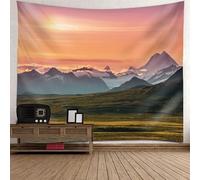 Tolldek Tapisserie murale - Motif paysage naturel - 150 x 150 cm - Soleil - Herbe - Montagne - Orange et vert - Décoration de maison pour nappe de salon