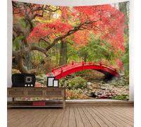 Tolldek Tapisserie murale motif paysage naturel 350 x 256 cm, arbre arche pont, tenture murale, rouge, vert, marron, pour nappe, salon, chambre à coucher