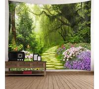 Tolldek Tapisserie murale - Motif paysage naturel - 350 x 256 cm - Arbre - Chemin de pierre - Vert rose et violet - Pour dortoir, chambre à coucher