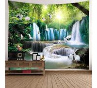 Tolldek Tapisserie murale motif paysage naturel, 350 x 256 cm, motif arbre, cascade, oiseau, vert et blanc