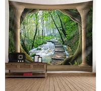 Tolldek Tapisserie murale motif paysage naturel 350 x 256 cm, motif arbre, ponts, marron, vert, pour nappe, salon, chambre à coucher