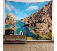 Tolldek Tapisserie murale motif paysage naturel 350 x 256 cm, rochers mer ciel bleu marron tapisserie pour nappe de salon, chambre à coucher décoration