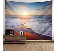 Tolldek Tapisserie murale motif paysage naturel bleu marron tenture murale coucher de soleil mer plage serviette murale pour salon chambre d'enfant 210x140cm