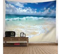 Tolldek Tapisserie murale motif paysage naturel bleu vert beige tapisserie plage mer ciel serviette murale accessoires pour chambre à coucher, salon, chambre d'enfant 210 x 140 cm