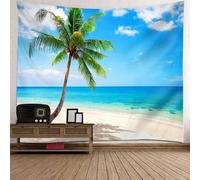 Tolldek Tapisserie murale - Motif paysage naturel - Ciel bleu mer - Bord de noix de coco - Tissu polyester pour salon - Bleu vert kaki - 150 x 150 cm