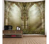 Tolldek Tapisserie murale motif paysage naturel vert beige serviette architecture européenne arbre tapisserie tapisserie pour chambre dortoir chambre 210 x 140 cm