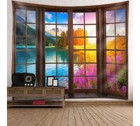 Tolldek Tapisserie murale multicolore 300 x 256 cm, paysage naturel, fenêtre, arbre, lac, serviette murale pour nappe, décoration de chambre à coucher