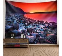 Tolldek Tapisserie murale multicolore 300 x 256 cm, paysage naturel tenture murale rochers plage mer coucher de soleil tentures murales pour nappe de table salon décoration