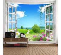 Tolldek Tapisserie Murale Nature Paysage Blanc Bleu Vert Toile Murale Fenêtre Jardin Tenture Murale Décoration de La Maison Décoration pour Appartement,210x140cm