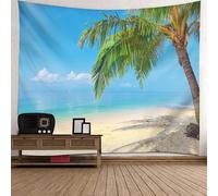 Tolldek Tapisserie murale - Noix de coco - Plage - Paysage - En polyester naturel - Pour salon, chambre d'enfant - Bleu vert - 150 x 130 cm