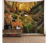 Tolldek Tapisserie murale orange vert 300 x 256 cm, paysage naturel, tenture murale, arbre, ponts, ruisseau, pour décoration de salon
