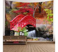 Tolldek Tapisserie Murale Paysage Nature 150x150cm Arbre Arch Pont Ruisseau Tenture Murale Rouge Orange Marron Tapisserie Décoration de Maison pour Chambre à Coucher