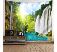 Tolldek Tapisserie murale paysage nature 240 x 220 cm arbre cascade tapisserie murale vert bleu blanc serviette décoration de maison pour chambre à coucher