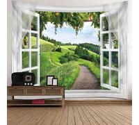 Tolldek Tapisserie Murale Paysage Nature 350x256cm, Fenêtre Herbe Tapisserie Blanc Vert Tapisserie Tenture Murale Décor Maison Mur DéoCration
