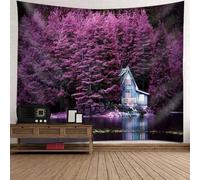 Tolldek Tapisserie Murale Paysage Nature 350x256cm, Feuille Violette Arbre Lac Tapisserie Violet Tenture Murale Décor Maison pour Nappe Salon Chambre Décor