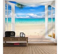 Tolldek Tapisserie Murale Paysage Nature Blanc Bleu Vert, Tapisserie Fenêtre Plage Serviette Murale Décorations De La Maison pour Le Mur Dans La Décoration De Salon,210x140Cm
