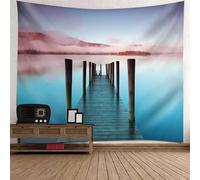 Tolldek Tapisserie Murale Paysage Nature Bleu Vert Gris Tapisserie Tenture Murale Lac Pont en Bois Tapisseries Tissu pour Nappe Salon Chambre Décor, 210x140cm