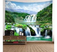 Tolldek Tapisserie murale paysage nature vert bleu blanc tapisserie cascade arbre serviette murale pour salon chambre dortoir décoration murale 210x140cm