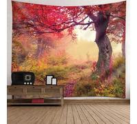 Tolldek Tapisserie Murale Paysage Nature Vert Fuchsia Tapisserie Tenture Murale Feuille Rouge Arbre Tenture Murale Décorations De La Maison pour Nappe Salon Decor,210x140cm