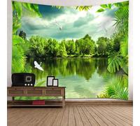 Tolldek Tapisserie murale paysage naturel 150 x 150 cm, motif lac, arbre, feuille, tapisserie, verte, décoration de la maison pour le mur dans la décoration du salon