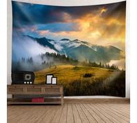 Tolldek Tapisserie murale - Paysage naturel - 150 x 150 cm - Motif montagne - Orange - Bleu et vert - Pour décoration de salon