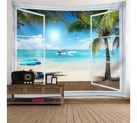 Tolldek Tapisserie murale paysage naturel 240 x 220 cm, fenêtre plage tenture murale bleu vert serviette décoration de maison pour salon, chambre à coucher