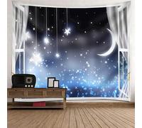 Tolldek Tapisserie murale - Paysage naturel - 240 x 220 cm - Motif fenêtre lune et étoile - Blanc et bleu foncé - Décoration de maison pour nappe de salon, chambre à coucher