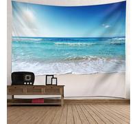 Tolldek Tapisserie murale Paysage naturel 240 x 220 cm, Soleil Mer Plage Serviette Murale Bleu Vert Beige Tapisserie Convient pour l'art de la décoration murale