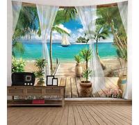 Tolldek Tapisserie murale paysage naturel 240 x 220 cm, tonnelle de jardin au bord de la mer, serviette murale, marron, vert, décoration murale avec art nature maison