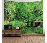 Tolldek Tapisserie murale paysage naturel 350 x 256 cm, arbre lac, petit pont, serviette murale, verte, décoration d'intérieur, pour chambre à coucher, salon, chambre d'enfant
