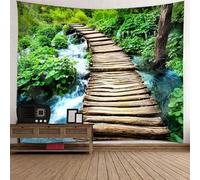 Tolldek Tapisserie murale paysage naturel 350 x 256 cm, arbre ruisseau chemin en bois marron vert tapisserie tapisserie décoration de maison pour appartement