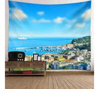 Tolldek Tapisserie murale - Paysage naturel - 350 x 256 cm - Bord de mer - Vue de la ville - Bleu et vert - Tenture murale - Décoration de maison pour nappe de salon