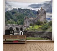 Tolldek Tapisserie murale paysage naturel 350 x 256 cm, château montagne, gris vert, tenture murale pour nappe de salon, décoration