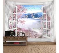 Tolldek Tapisserie murale paysage naturel 350 x 256 cm, fenêtre montagne fleur de prunier tapisserie blanche rose serviette murale décoration de maison avec décorations Art Nature