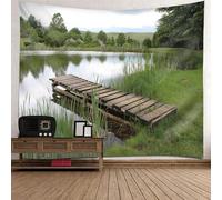 Tolldek Tapisserie murale paysage naturel 350 x 256 cm, pont en bois, lac, arbre, vert marron, décoration d'intérieur, accessoires pour chambre à coucher, salon, chambre d'enfant