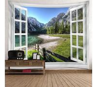 Tolldek Tapisserie murale paysage naturel blanc vert bleu tapisserie murale fenêtre lac montagne serviette pour salon chambre dortoir décoration murale 210x140cm