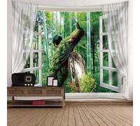 Tolldek Tapisserie Murale Paysage Naturel Blanc Vert Tapisserie Murale Fenêtre Paon Arbre Serviette Murale pour Chambre Dortoir Chambre 210x140cm