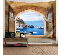 Tolldek Tapisserie Murale Paysage Naturel Bleu Marron, Tenture Murale Fenêtre Bord de Mer Serviette Murale Décoration de La Maison pour Nappe Salon Decor,210x140cm
