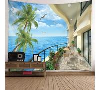 Tolldek Tapisserie murale paysage naturel, palmier, arbre, jungle, oiseaux, mer, villa, paysage, tissu polyester pour salon, chambre d'enfant, bleu, vert, beige, 240 x 220 cm