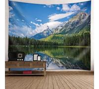 Tolldek Tapisserie murale paysage naturel, tapisserie lac forêt montagne paysage tapisserie polyester décoration de maison pour le mur dans la décoration du salon, bleu vert, 200 x 200 cm